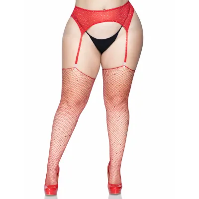 Rhinestone Fishnet Stockings 1x 2x Red