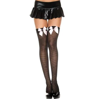 Spider Web Sheer Thigh Hi With Bow One Size Black Pink