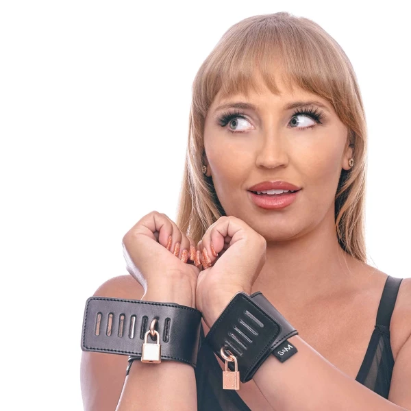 Sex & Mischief Brat Locking Cuffs Set By Sportsheets - Rose Gold & Black