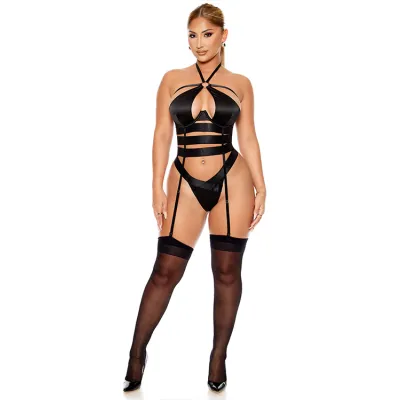 Forplay Soft Life 2 Piece Black Ribbon Bustier Set with Panty Attached Garters