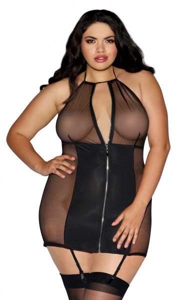 Dreamgirl One Size Queen Black Sheer Halter Garter Slip with Zipper Front