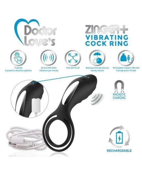 Doctor Love Zinger+ Vibrating Rechargeable Cock Ring Black — image 7 of 8