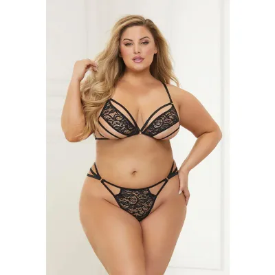 Two Piece Lace With Strappy Bra and Thong Set Queen Black