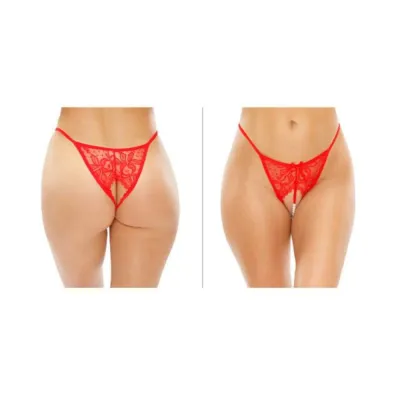 Calla Crotchless Lace Pearl Panty Red S m