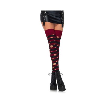 Distressed Opaque Striped Thigh Highs O s Black burgundy