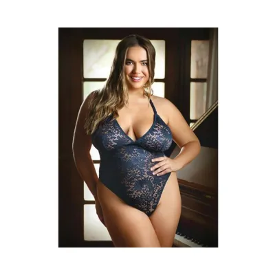 Curve Cara Strappy Stretch Lace Teddy With Snap Crotch Closure 3x 4x Ink Blue