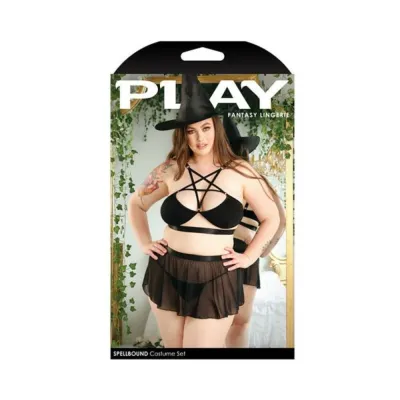 Fantasy Lingerie Play Spellbound Costume Strappy Pentagram Detail Bralette Criss Cross Cutout Panty Skirt Hat