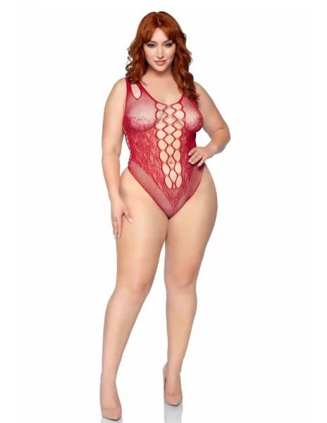 Net and Lace Bodysuit - 1x-2x - Burgundy
