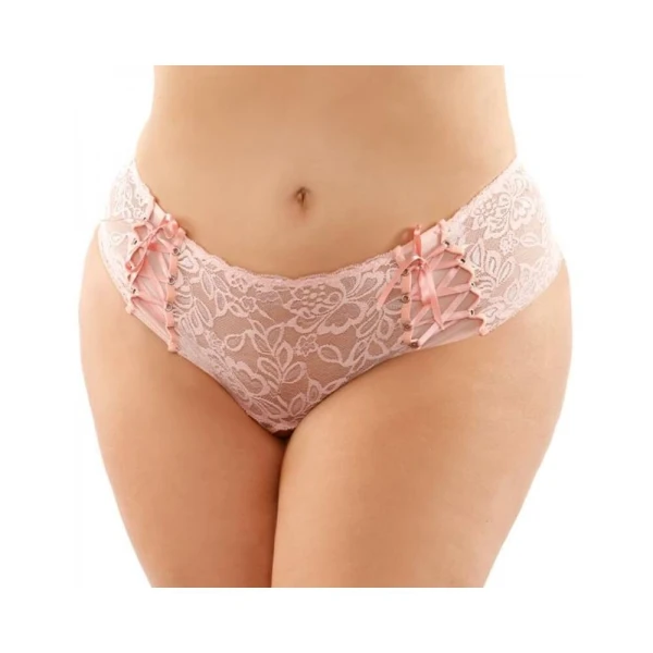 : Magnolia Crotchless Lace Boyshort With Lace-up Panel Details Light Pink Queen