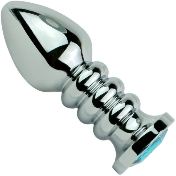 Blue Jewel Rippled Metal Booty Plug