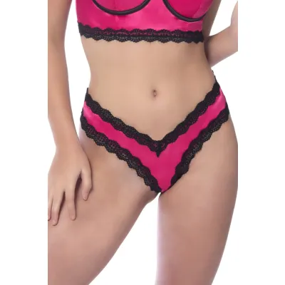Satin Front High Leg Panty With Lace Edges and Mesh Back Hot Pink Small