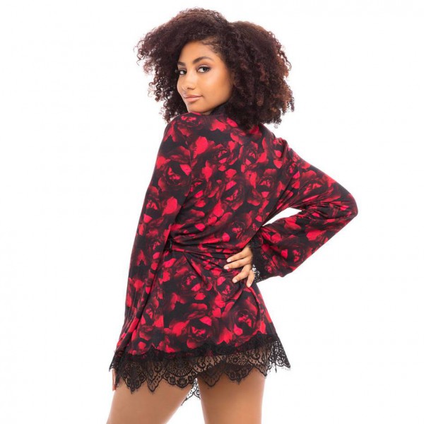 Oh La La Cheri Black Rose Print Lace Trim Robe