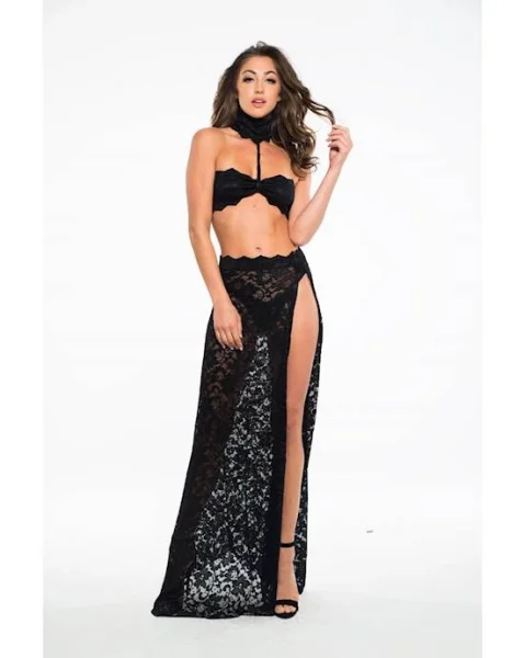 Adore Freya Lace Bandeau Top And Skirt - Black - Small