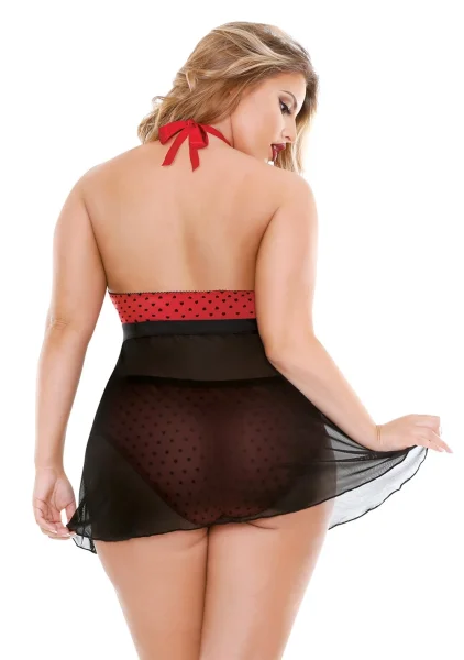 Valentina Flocked Heart Halter Keyhole Front Babydoll with Panty