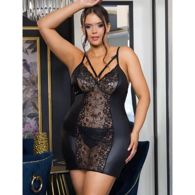 Bondara Siren Floral Fatale Plus Size Wet Look Dress G String