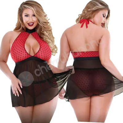 Curve Black Red Halter Keyhole Front Babydoll Matching Panty 3X 4X