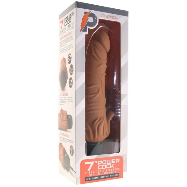 Powercocks Realistic Silicone Waterproof Rechargeable 7" Vibrator With Clitoral Stimulator - Caramel
