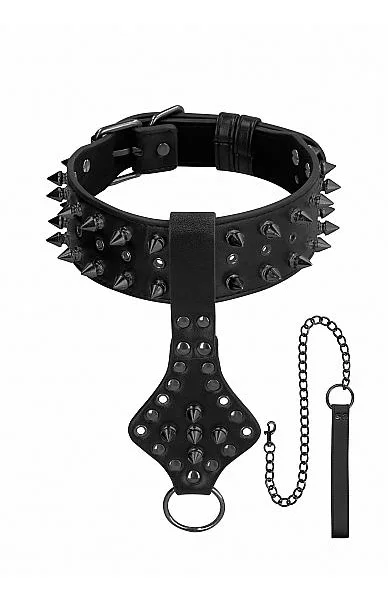 Ouch! Skulls & Bones Neck Chain With Spikes And Leash Black