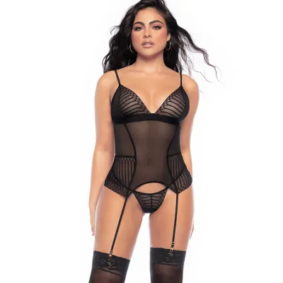 Iris 2 Piece Black Mesh Bustier Set with Matching G String By Mapale by Espiral