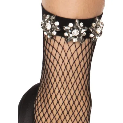 Rhinestone Jeweled Fishnet Anklet Socks Black