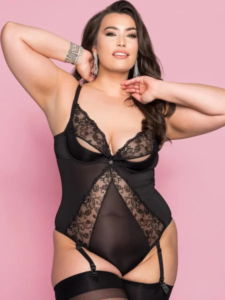 Lovehoney Plus Size Lotus Black Sheer Embroidered Teddy