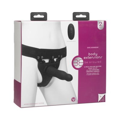 Body Extensions Hollow Slim Dong Strap on 2 piece Set With Clitoral Vibrator Black