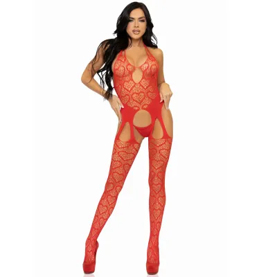 Seamless Heart Net Suspender Bodystocking One Size Red