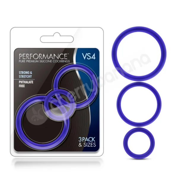 Performance VS4 Pure Premium Silicone Blue Cock Rings Mixed 3 Pack