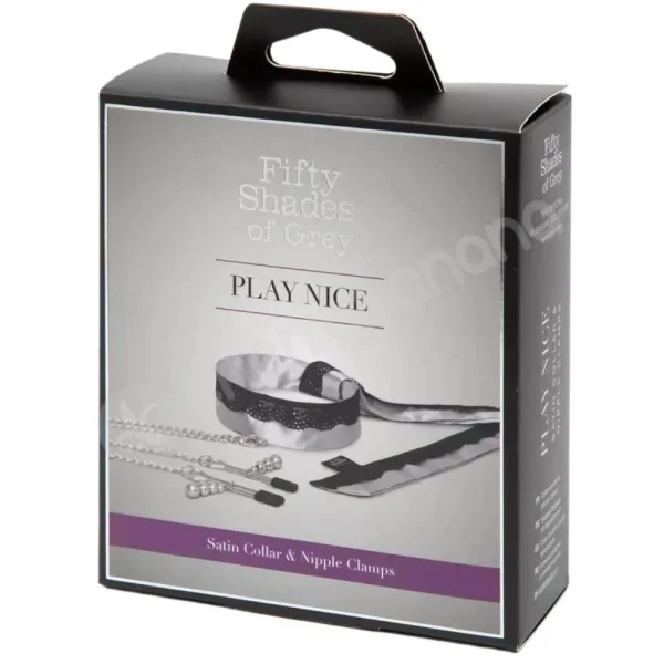 Fifty Shades Of Grey Play Nice Silver Satin & Lace Collar With Chain & Nipple Clamps
