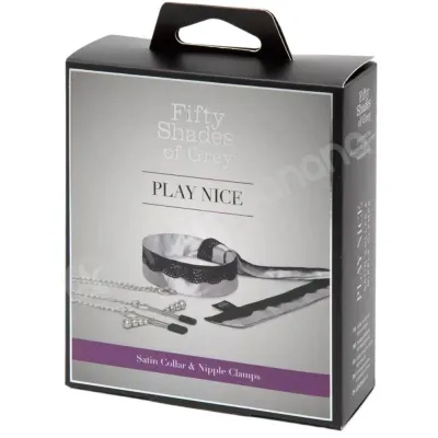 Fifty Shades Of Grey Play Nice Silver Satin Lace Collar With Chain Nipple Clamps