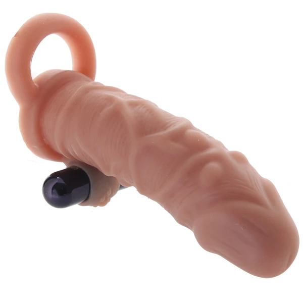 Size Up Silicone Vibrating 1 Inch Realistic Penis Extender With Ball Loop - Caramel