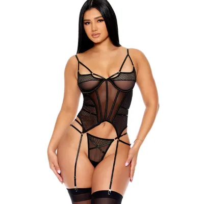 Caught Up 2 Piece Black Bustier Set with Garters Matching Panty By Forplay