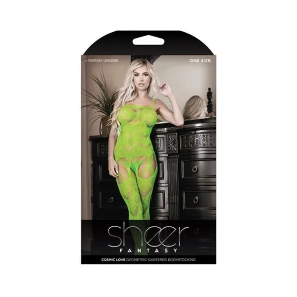 Sheer Cosmic Love Strappy Geometric Gartered Bodystocking Neon Green O/s