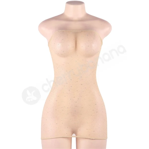 Cherry Banana Plus Size Beige Fishnet With Sparkles Strapless Mini Dress