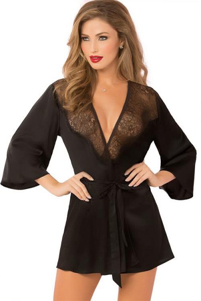 Seven Til Midnight Prestigious Black Satin & Lace Robe