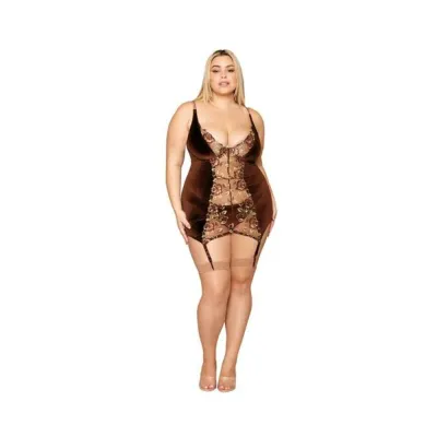 Women s Lingerie Dreamgirl Stretch Velvet And Embroidered Band Garter Slip And G string Set Espresso 1xl