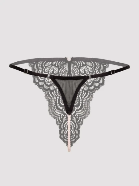 Lovehoney Satin Romance Black Lace Pearl Thong
