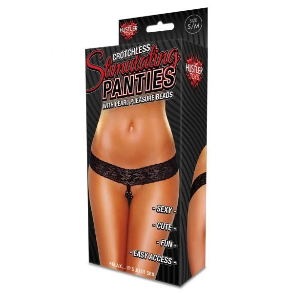 Hustler Crotchless Stimulating Thong With Pearl Pleasure Beads Black S/M — image 4 of 4