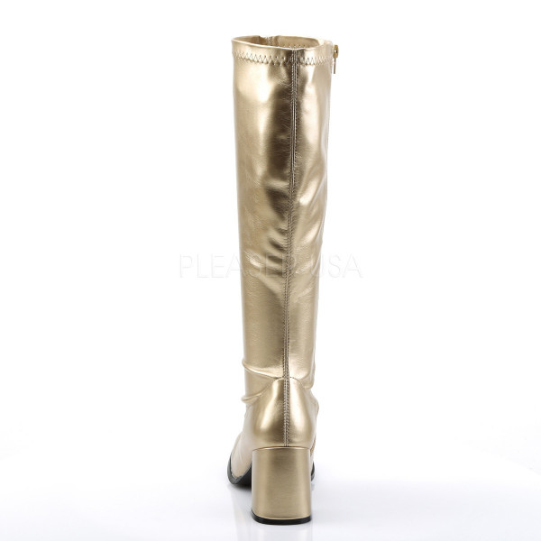 GOGO-300 - 3" Block Heel Gogo Boots, Gold PU, Side Zip