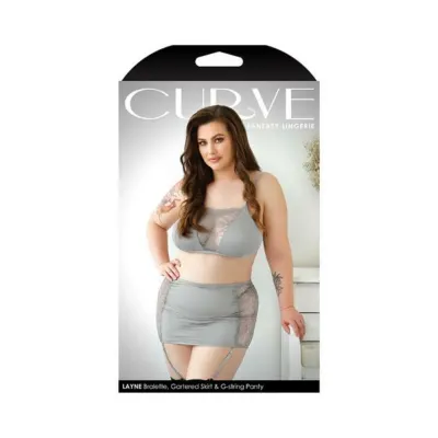 Fantasy Lingerie Curve Layne Lace Panel Bralette Matching Gartered Skirt G String Panty