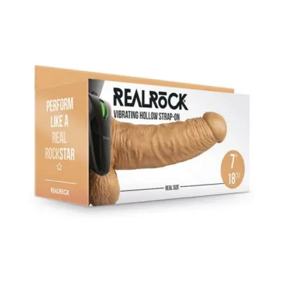 Realrock Vibrating Hollow Strap On With Balls 7 In Mocha