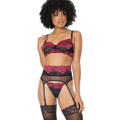 Coquette Midnight Rose Bra with Garter Belt G String
