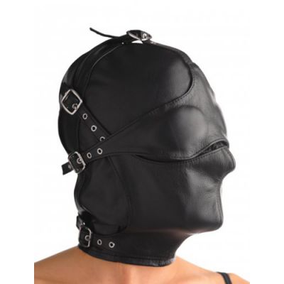 Asylum Leather Hood with Removable Blindfold and Muzzle S M