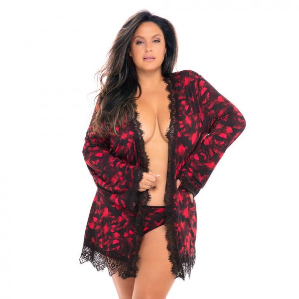 Oh La La Cheri Plus Size Black Rose Print Lace Trim Robe