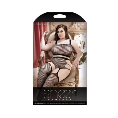 Sheer In The Mood 2 piece Crop Top Crotchless Shortie With Attached Footless Stockings Black Queen