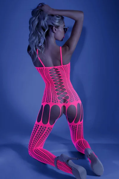 Hypnotic Crisscross Stripe Bodystocking - One Size - Neon Pink