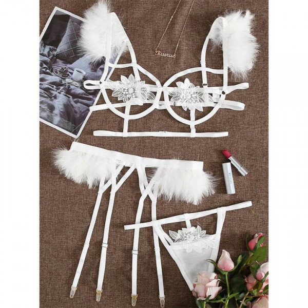Bondara Flirt White Marabou Caged Bra, Garter And G-String — image 4 of 4