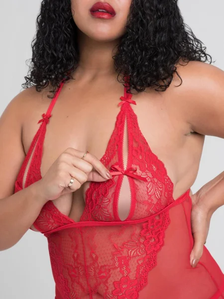 Lovehoney Plus Size Red Peek-A-Boo Merry Widow Bustier Set 