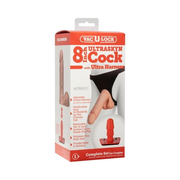 Vac-U-Lock 8" Ultraskyn Dildo with Ultra Harness - Beige
