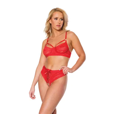 V Strap Red Lace Bra Matching Open Crotch Panty